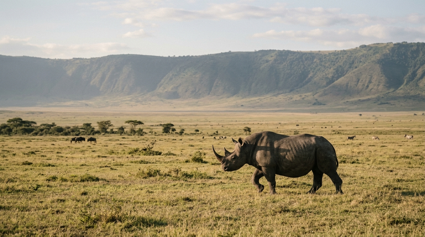 Black rhino on the Ngorongoro Crater floor, Tanzania — one of Africa's most reliable black rhino viewing destinations
