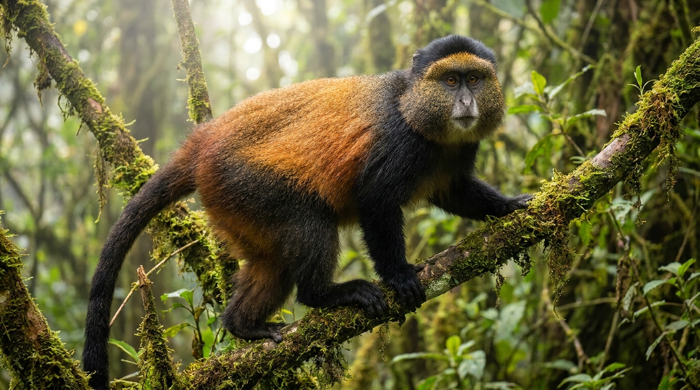 Golden monkey in Volcanoes National Park Rwanda — golden monkey trekking is unique to the Virunga volcanoes