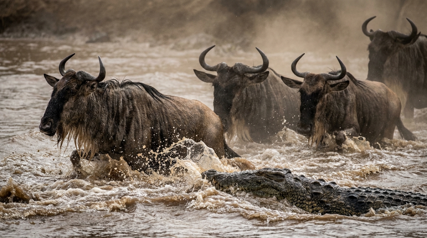 Great Wildebeest Migration river crossing at the Mara River, Kenya — over two million wildebeest make this journey annually