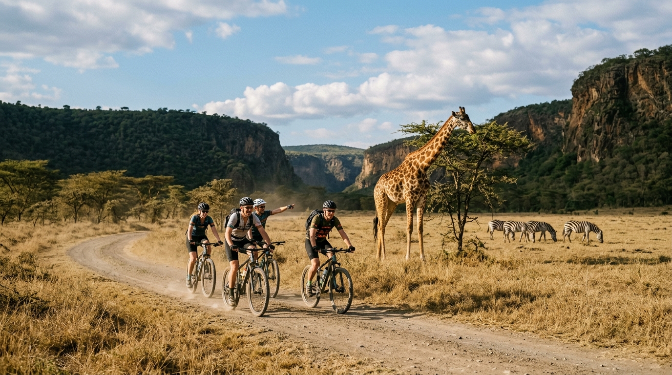 hells-gate-national-park-cycling-safari-giraffe-naivasha Cycling through Hell's Gate National Park, Naivasha — giraffe visible alongside the track in one of Kenya's most unique safari experiences