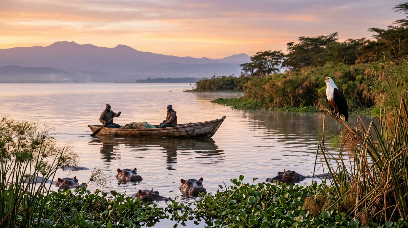 lake-naivasha-boat-safari-hippos-fish-eagle-sunrise Lake Naivasha sunrise boat safari — hippos and African fish eagles on the calm early morning lake