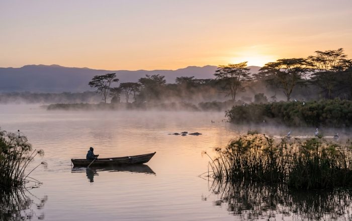 Lake Naivasha at sunrise — flamingos and morning mist on Kenya's most popular day trip destination from Nairobi