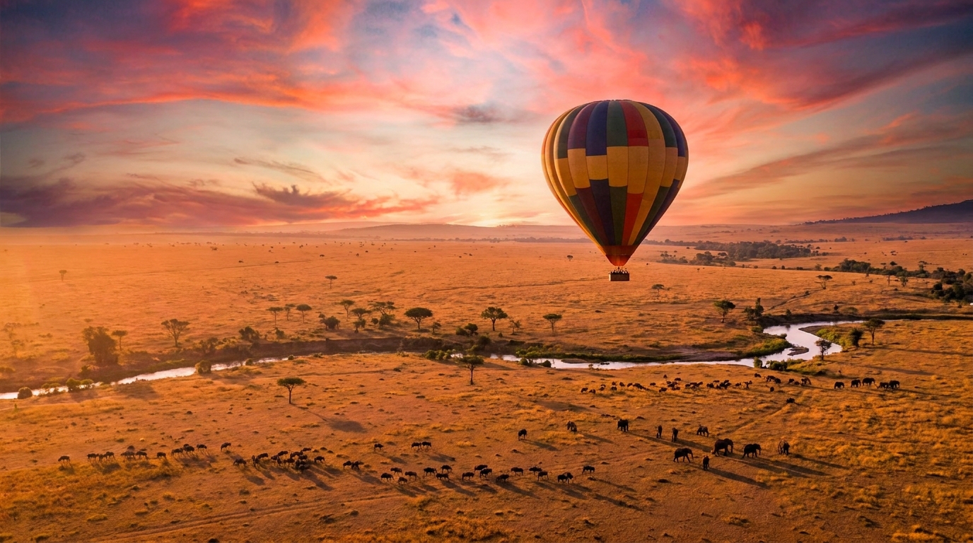 Hot air balloon safari over the Maasai Mara at sunrise, Kenya — a bucket-list East Africa experience