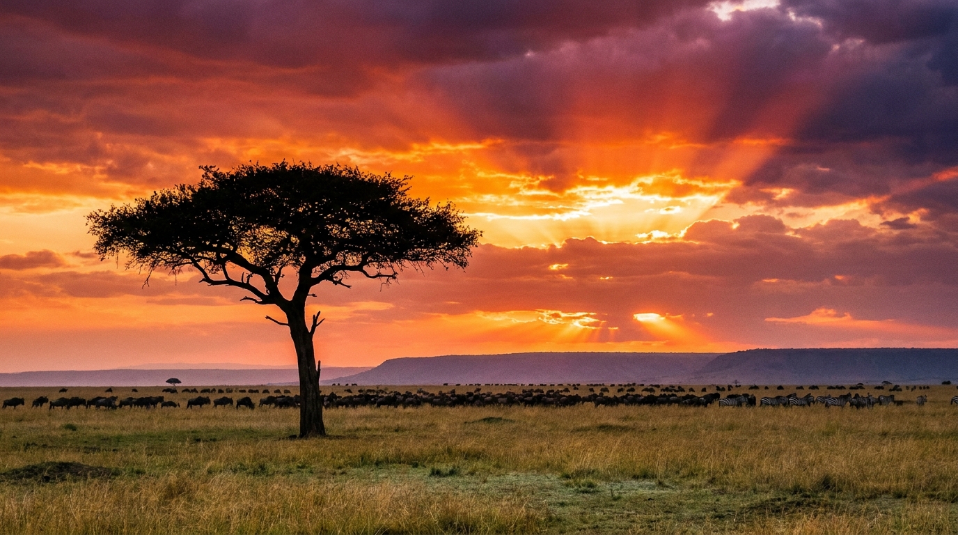 Maasai Mara open savanna plains at sunrise with zebra herd in the distance, Kenya safari