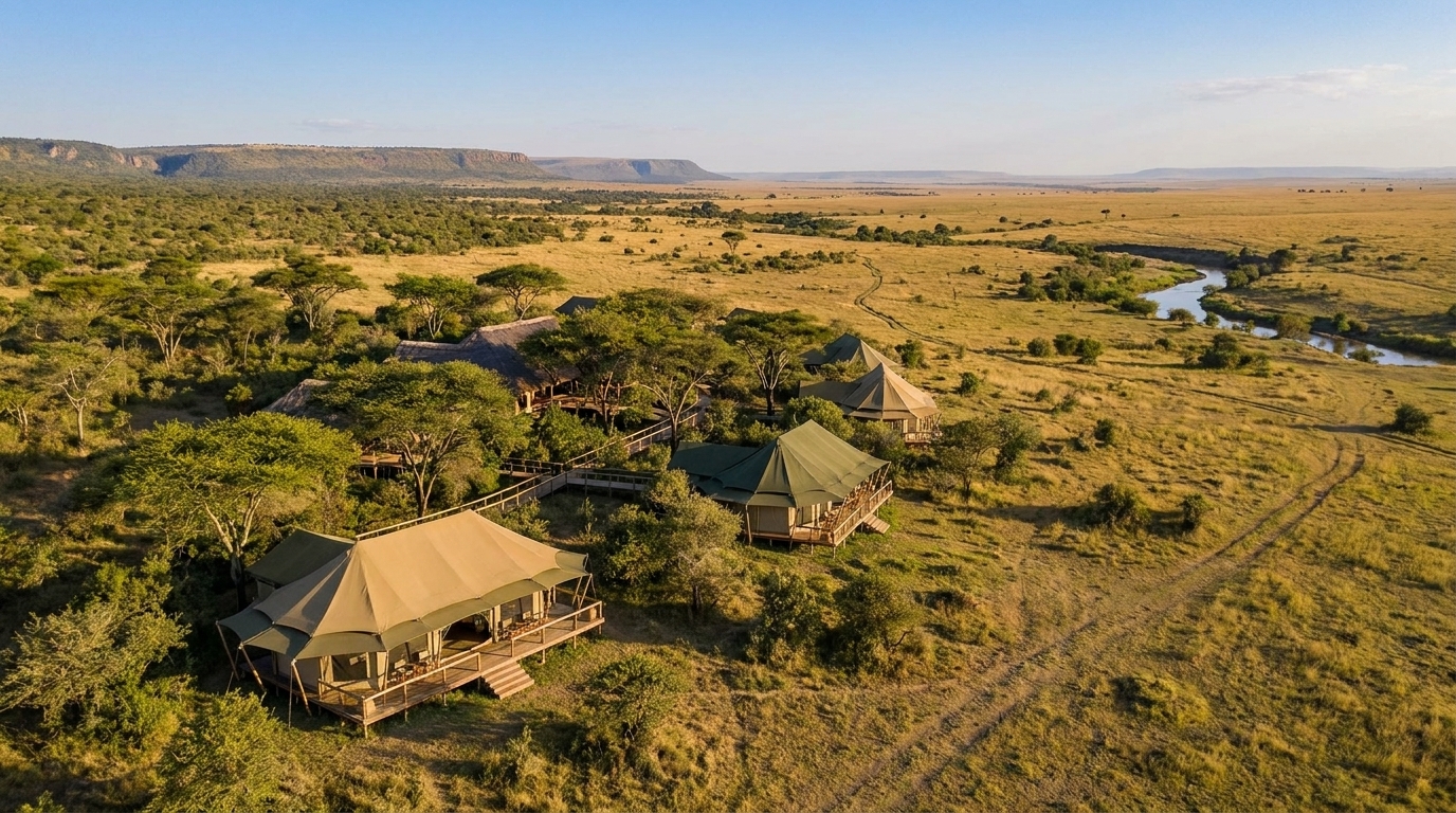 Aerial view of a luxury tented camp in a Maasai Mara private conservancy, Kenya - exclusive safari accommodation