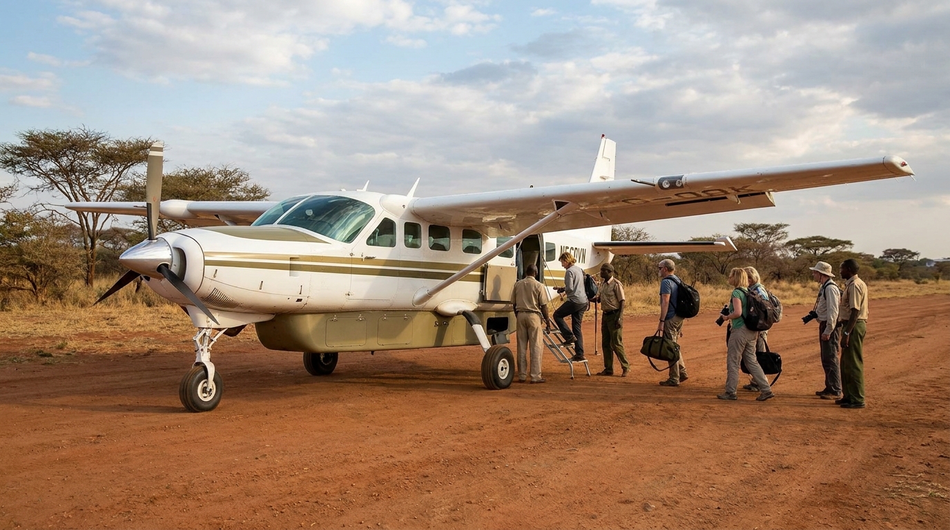 Small safari aircraft on a Maasai Mara airstrip — scheduled and charter flights from Nairobi Wilson Airport