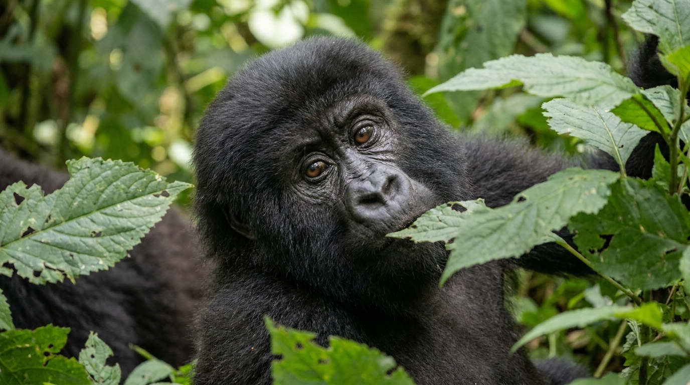Close-up of mountain gorilla in Volcanoes National Park Rwanda — the most intimate wildlife encounter on earth