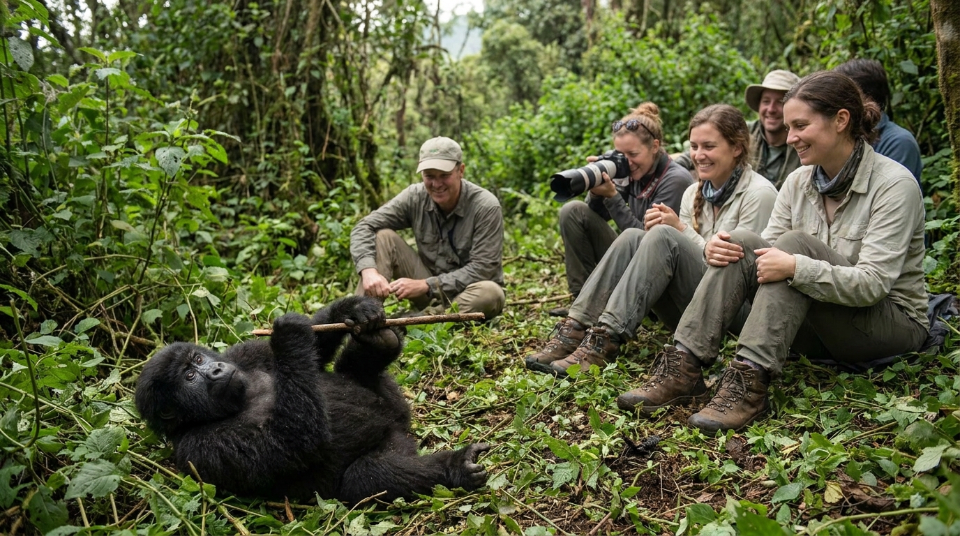 Tourist with habituated mountain gorilla in Bwindi Forest, Uganda — the closest wildlife encounter on earth