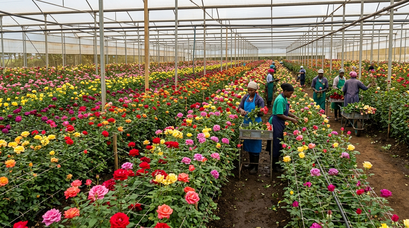 naivasha-flower-farm-tour-roses-greenhouse-kenya. Inside a Naivasha flower farm greenhouse — Kenya produces 35% of all cut flowers sold in Europe, and most come from farms around Lake Naivasha