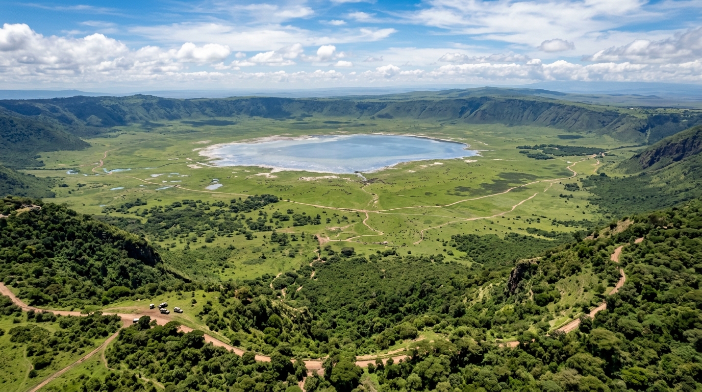 Aerial view of Ngorongoro Crater, Tanzania — the world's largest intact volcanic caldera and home to 25,000 animals