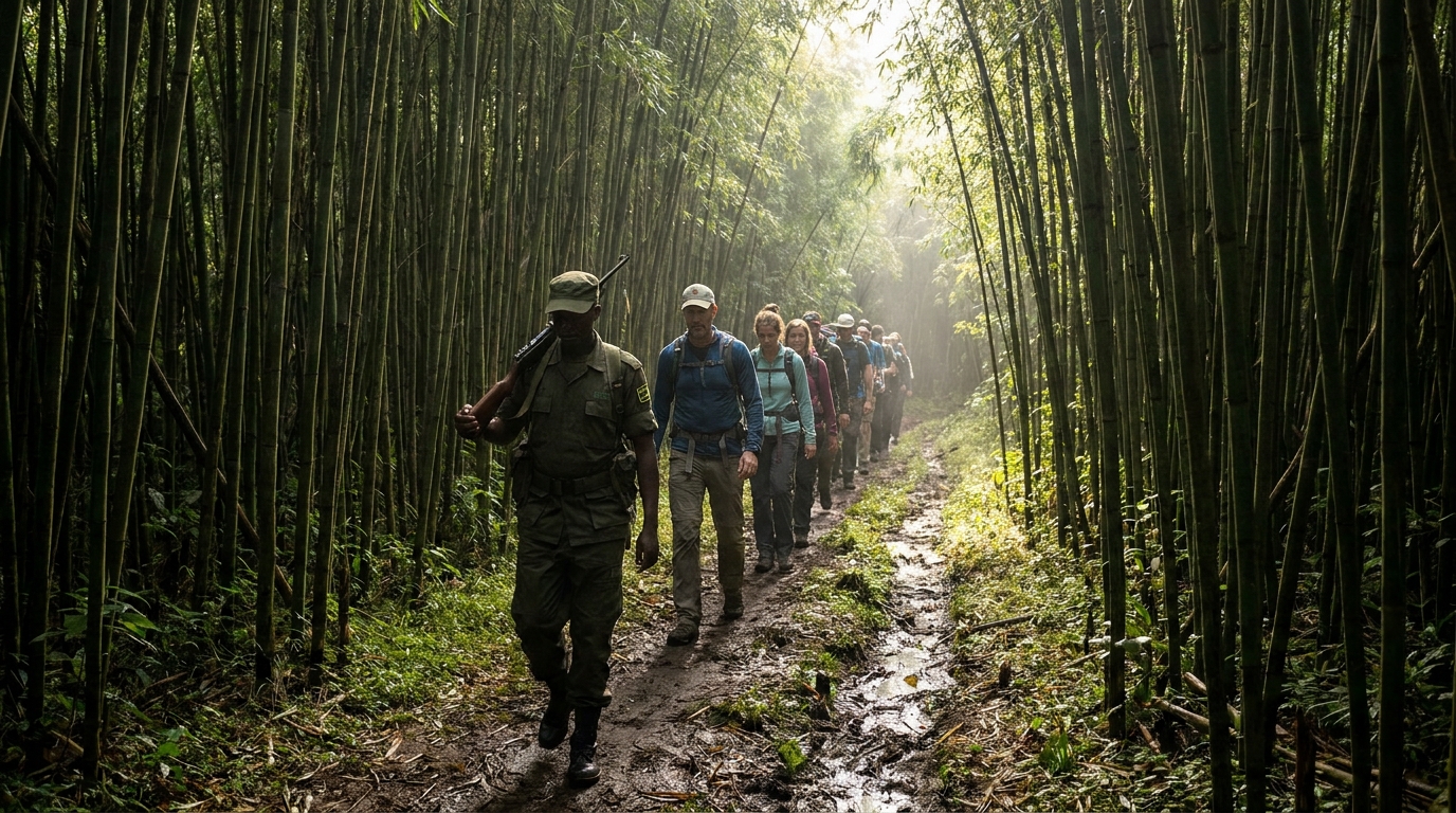 Gorilla trekking group walking through bamboo forest in Volcanoes National Park, Rwanda