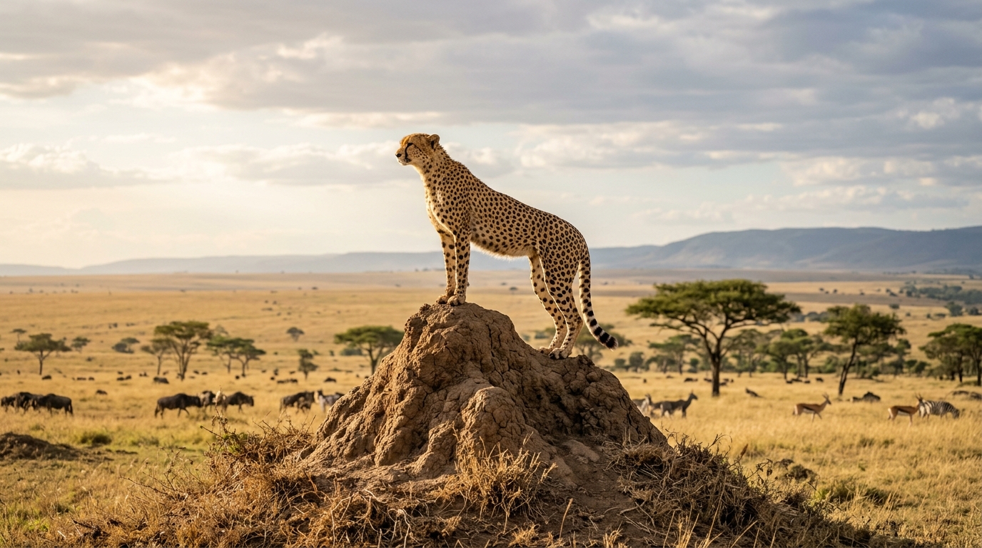 Cheetah scanning from a termite mound on the open Serengeti plains, Tanzania — Africa's fastest predator in its natural habitat