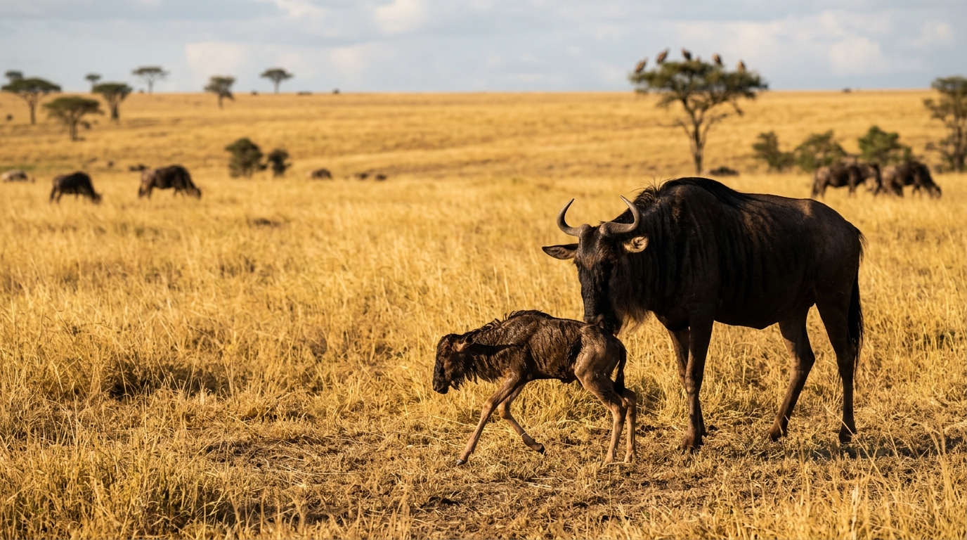 Wildebeest calving on the Ndutu plains, southern Serengeti Tanzania — up to 500,000 calves born between January and March