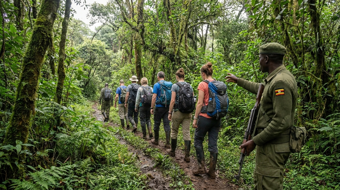 uganda-gorilla-trek-group-bwindi-forest-ranger Gorilla trekking group walking through Bwindi Impenetrable Forest with Uganda Wildlife Authority