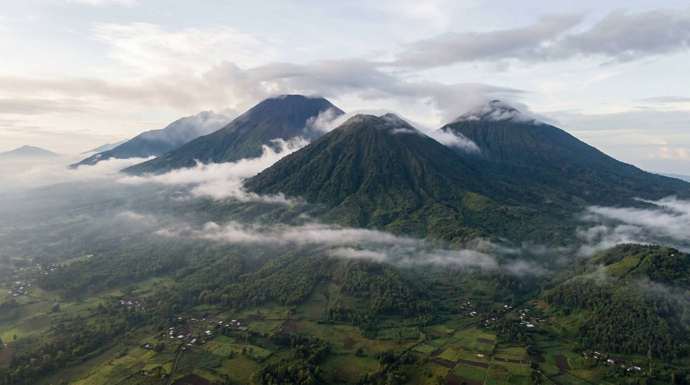 Virunga Volcanoes aerial view, Volcanoes National Park Rwanda — the mountain gorilla habitat