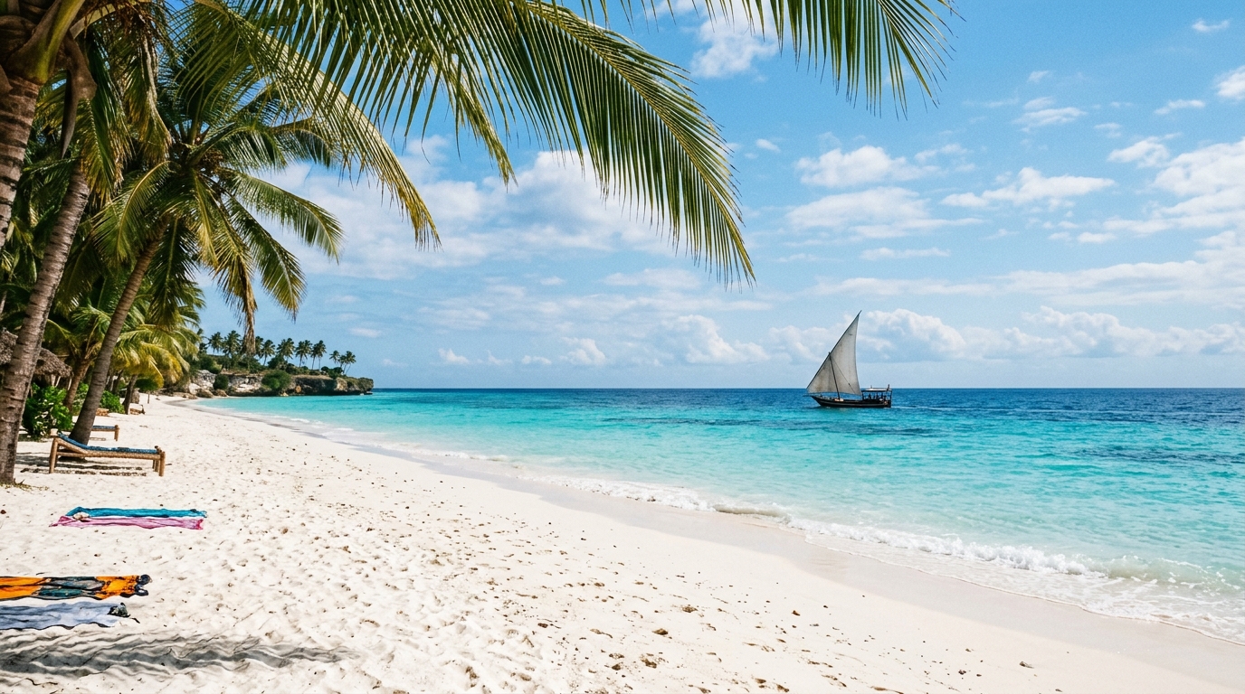 Zanzibar beach with turquoise Indian Ocean water and traditional dhow — the perfect extension after a Tanzania safari