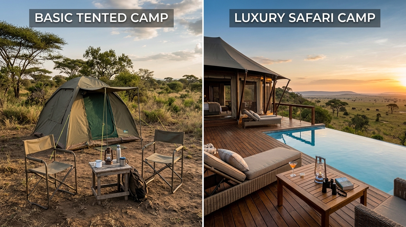 Kenya safari accommodation comparison — budget tented camp (left) vs luxury safari lodge (right) showing the visual difference across price tiers
