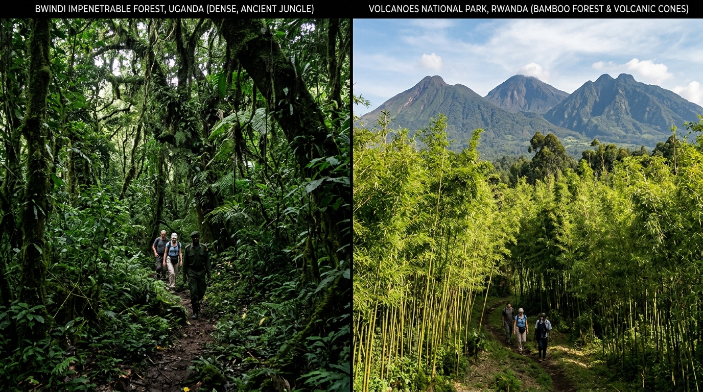 Bwindi Impenetrable Forest Uganda (left) vs Volcanoes National Park Rwanda (right) — two different settings for the same mountain gorilla experience