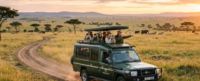 Kenya safari cost 2026 — guests in a safari vehicle at golden hour on the Maasai Mara plains, Kenya