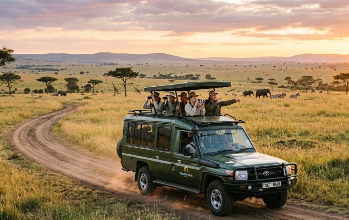 Kenya safari cost 2026 — guests in a safari vehicle at golden hour on the Maasai Mara plains, Kenya