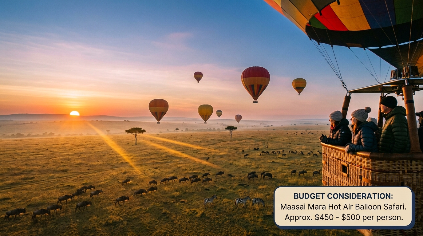 Hot air balloon safari over the Maasai Mara — an optional add-on costing USD $450 to $500 per person, not included in standard Kenya safari packages