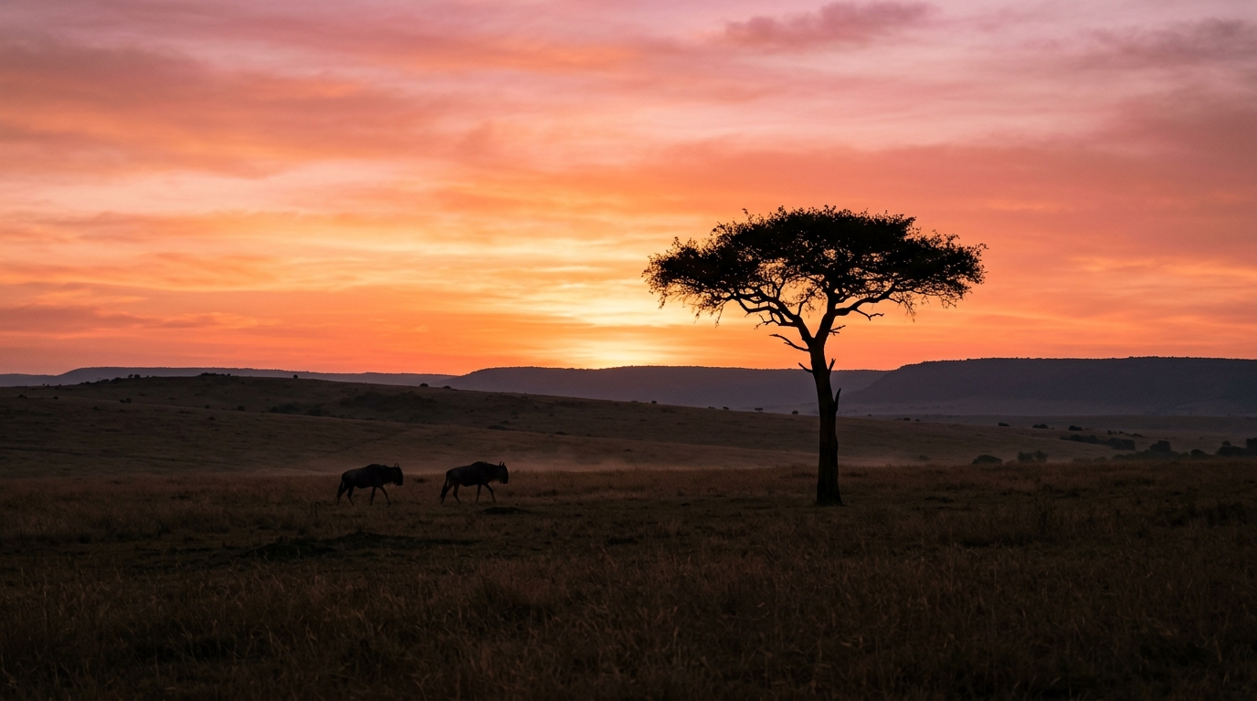 Maasai Mara at dawn — the acacia-dotted plains at sunrise, beautiful in any month of the year