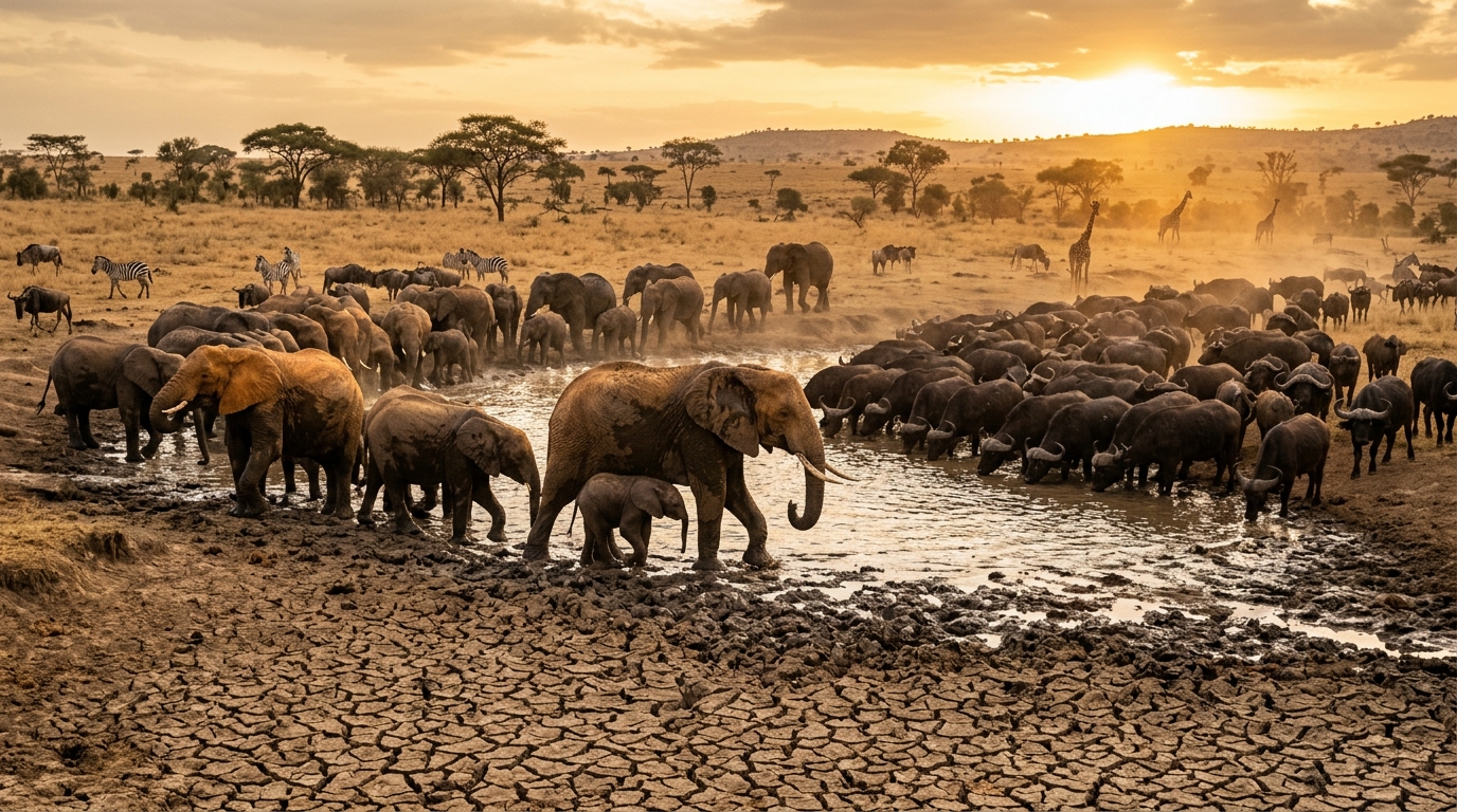 Maasai Mara in the dry season (July-October) — wildlife concentrated around waterholes during Kenya's peak safari season