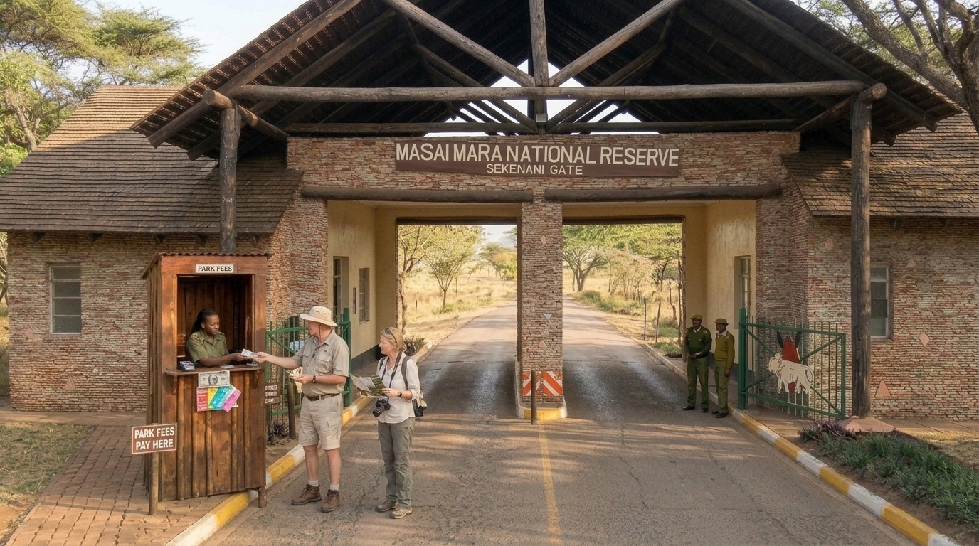 Maasai Mara National Reserve entrance gate, Kenya — park entry fees are USD $200 per person per day for non-residents during peak season