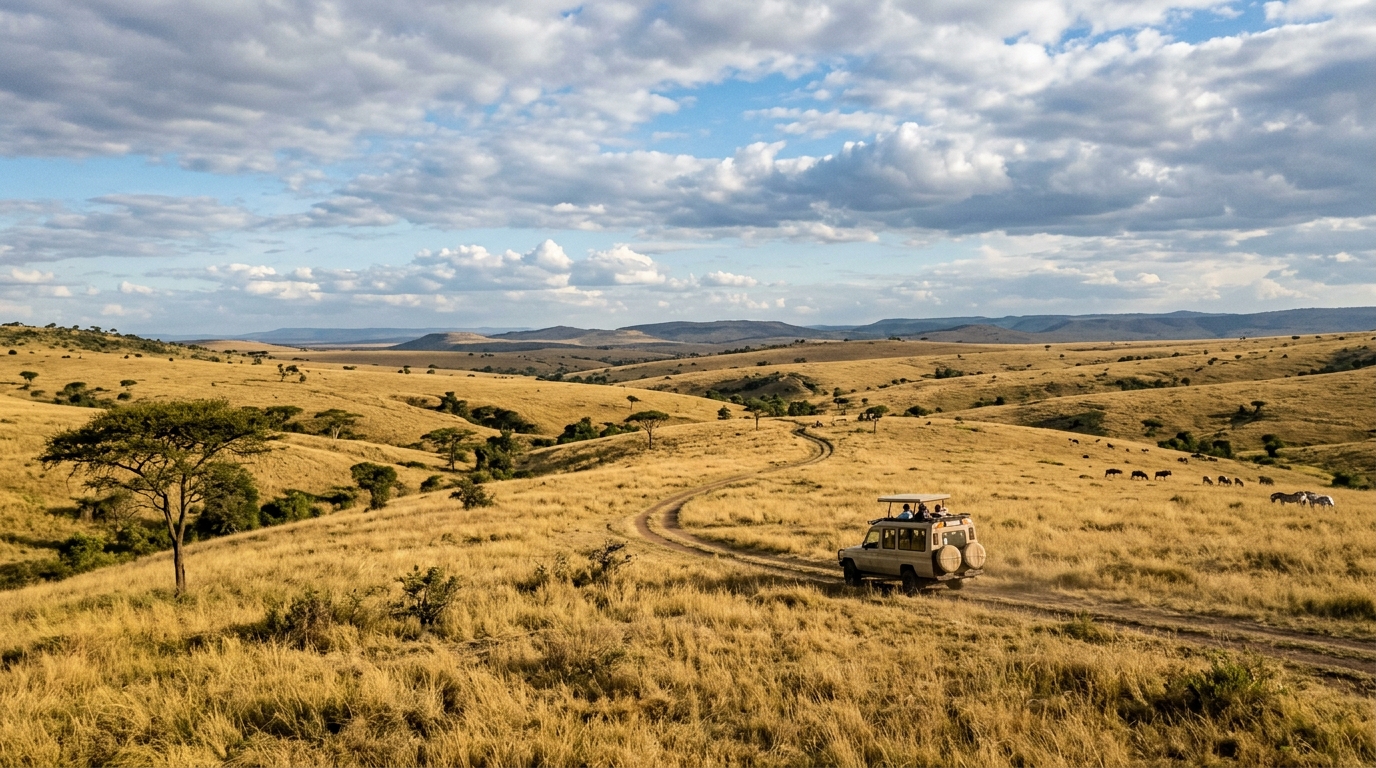 Maasai Mara National Reserve landscape — open rolling grassland with a safari vehicle on a game drive track, Kenya
