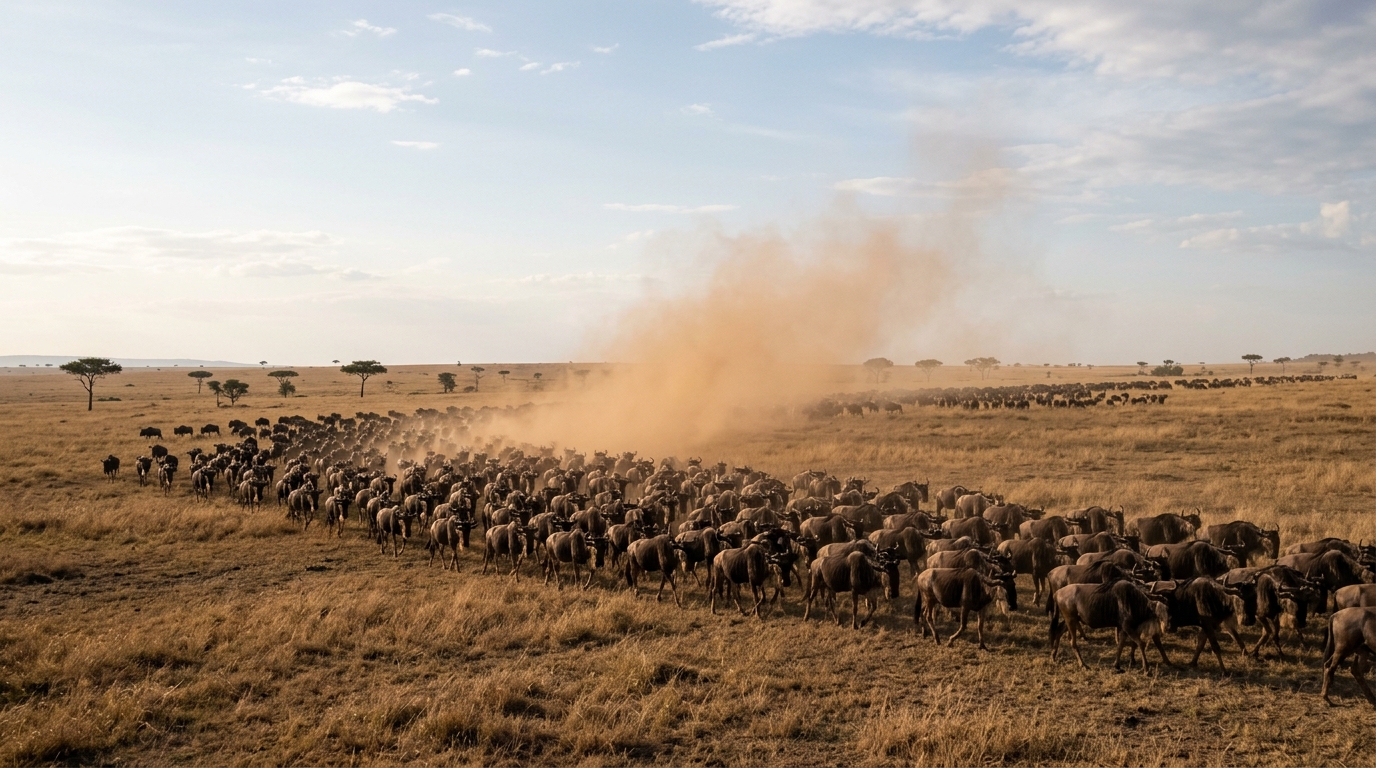 Wildebeest herd moving across the Maasai Mara plains during the Great Migration — the world's largest terrestrial wildlife migration