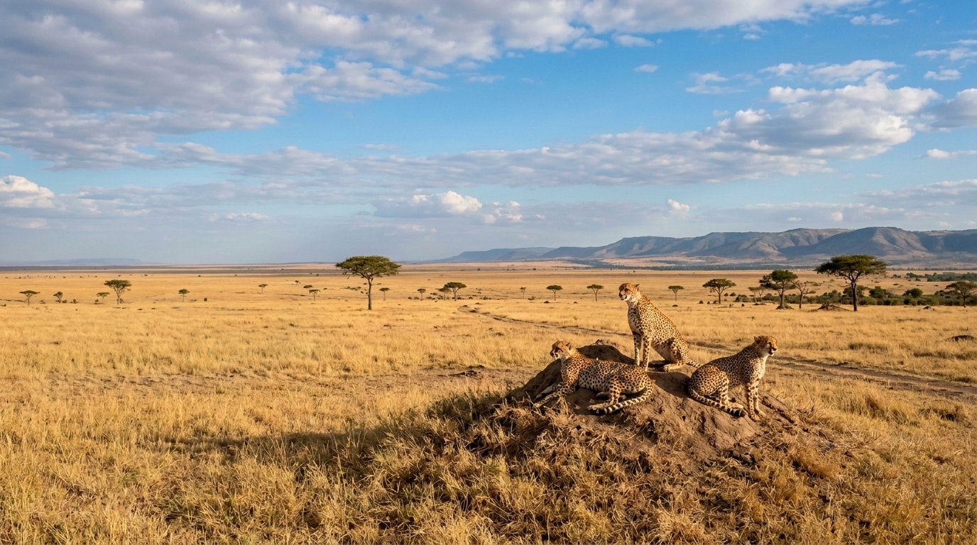 Serengeti National Park short-grass plains with cheetah, Tanzania — the Serengeti's wider, flatter terrain contrasts with the Maasai Mara's rolling hills