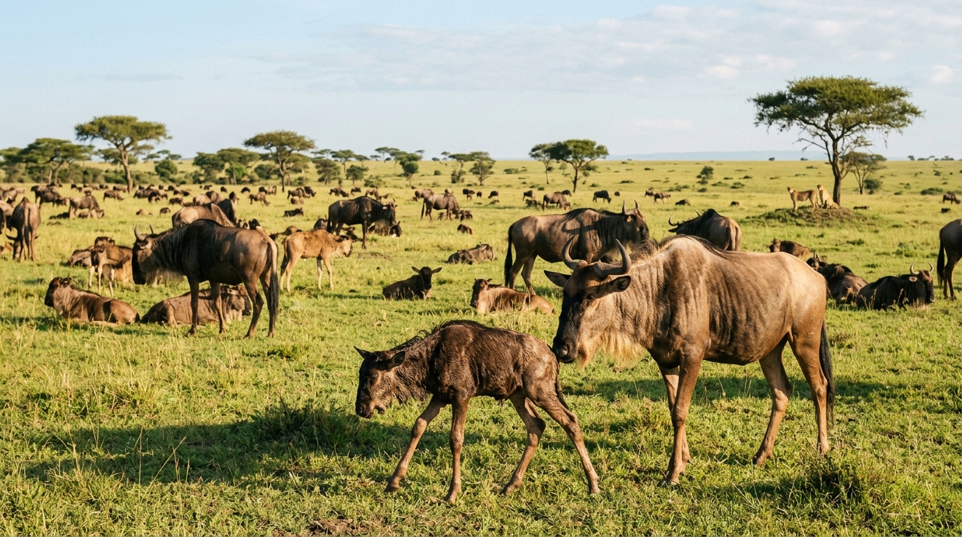 Wildebeest calving season on the Ndutu plains, Southern Serengeti — up to 500,000 calves born between January and March in a spectacle exclusive to Tanzania