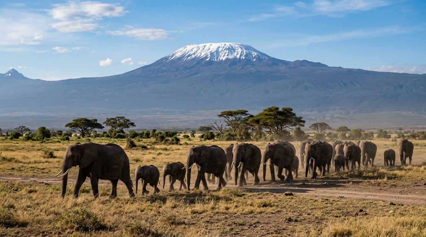 amboseli-elephants-kilimanjaro-kenya-safari-unique Elephant herd in Amboseli National Park with Mount Kilimanjaro in the background — Kenya's most distinctive safari landscape