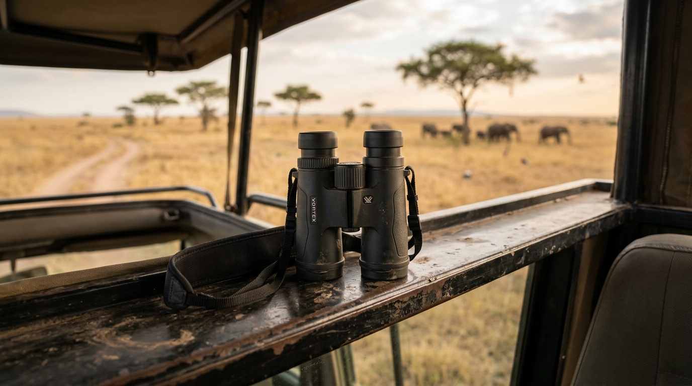 Binoculars on a safari vehicle window ledge overlooking the Kenyan savanna — the single most important piece of safari equipment besides a camera