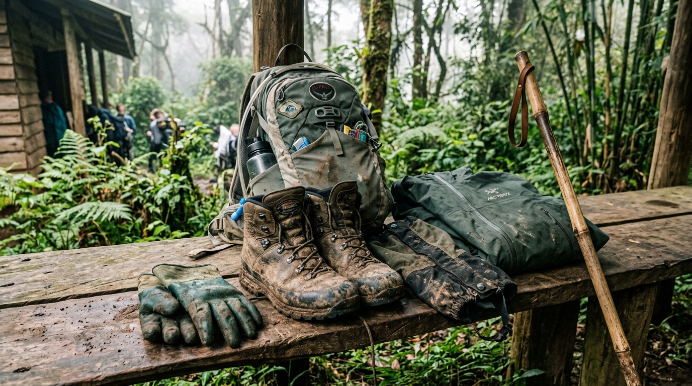 Gorilla trekking packing list — waterproof boots, garden gloves, rain jacket and gaiters for Bwindi or Volcanoes National Park