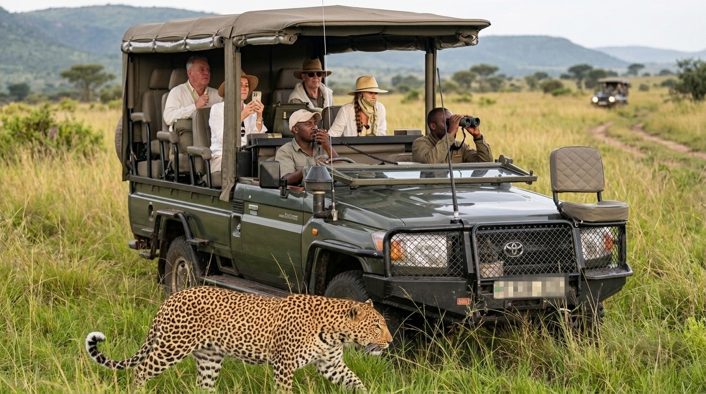 Kenya safari guide using radio and binoculars to locate wildlife — local operators have real-time intelligence that international booking agents cannot access
