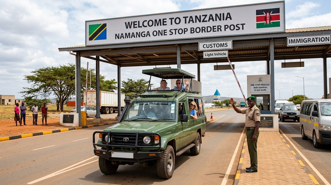 kenya-tanzania-safari-border-crossing-combined-itinerary Kenya-Tanzania border crossing with safari vehicle — combining both countries in a single itinerary takes just one road transfer