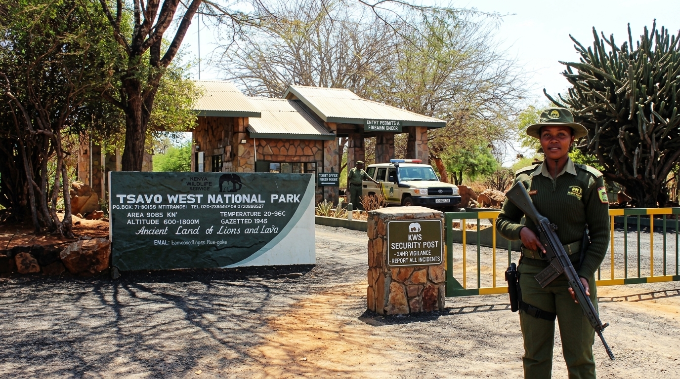 Kenya Wildlife Service rangers at a national park gate — Kenya's parks are patrolled and secured by professional KWS officers