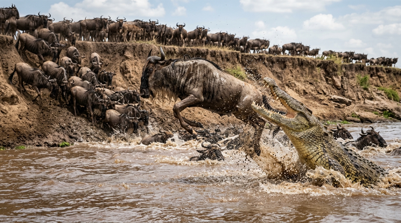 Wildebeest crossing the Mara River with Nile crocodile visible — the drama of the Great Migration's most famous phase