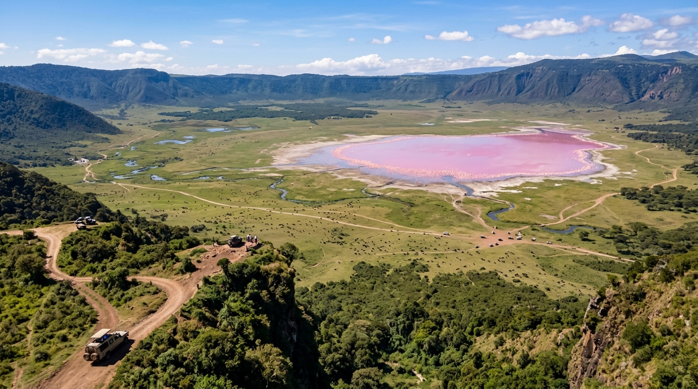 ngorongoro-crater-aerial-tanzania-safari-advantage Ngorongoro Crater aerial view, Tanzania — the world's largest intact volcanic caldera with 25,000 permanently resident animals. Kenya has no equivalent.