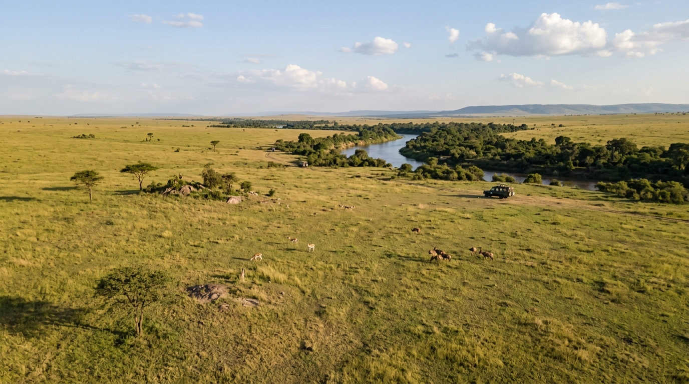 Northern Serengeti near Kogatende, Tanzania — the Mara River crossings viewed from the Tanzania side with a fraction of the vehicles