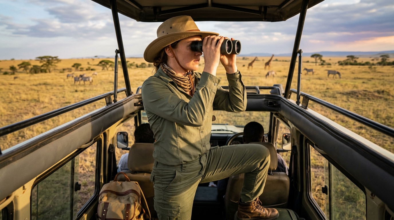 Proper safari clothing on a Kenya game drive — neutral colours, wide-brimmed hat, buff and binoculars on the vehicle roof hatch