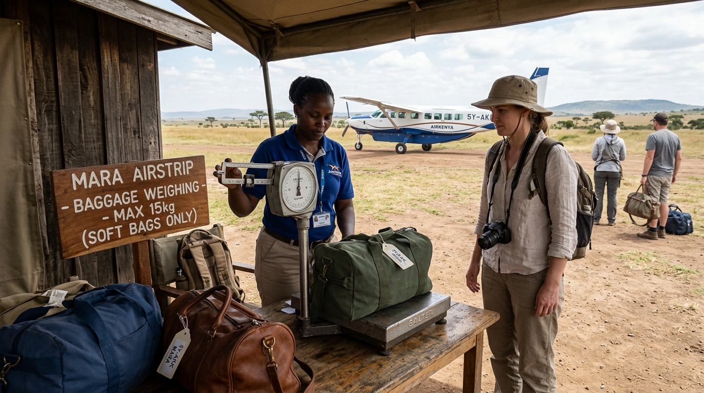 Soft duffel bags loaded into a light aircraft at a Kenyan safari airstrip — hard suitcases are not permitted on bush planes