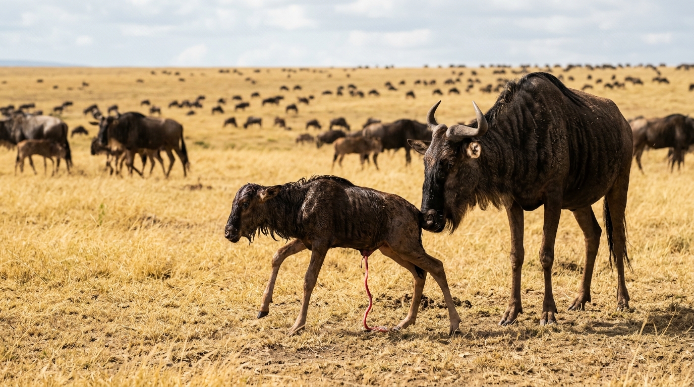 Wildebeest calf taking first steps on the Ndutu plains, Southern Serengeti Tanzania — up to 500,000 calves are born during January to March calving seaso