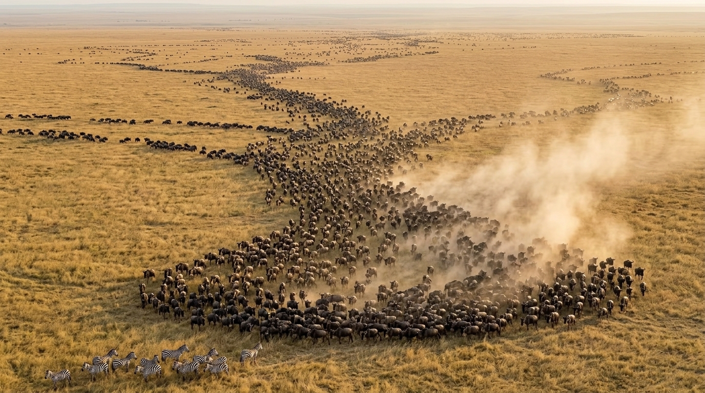 Aerial view of the Great Wildebeest Migration herd stretching across the Serengeti plains — approximately 2 million wildebeest make this journey annually