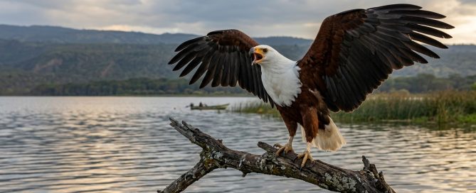 African fish eagle in flight over Lake Naivasha Kenya — Kenya's national bird and the signature bird of Lake Naivasha