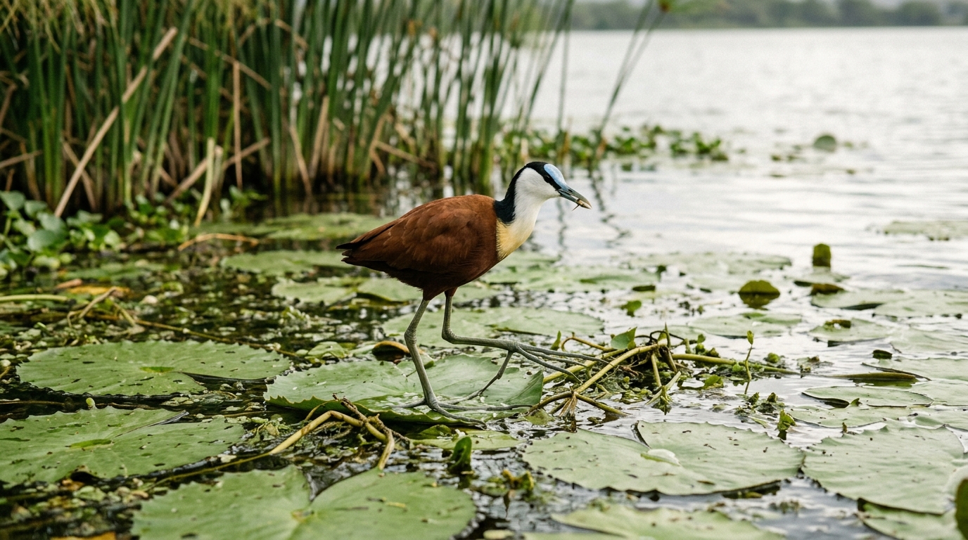 African jacana walking on lily pads at Lake Naivasha — the distinctive floating-vegetation specialist that walks on water