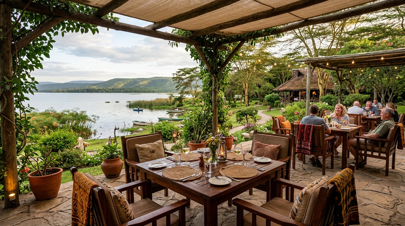 Mid-range camp accommodation in Naivasha Kenya — comfortable outdoor dining and pool area with lake views