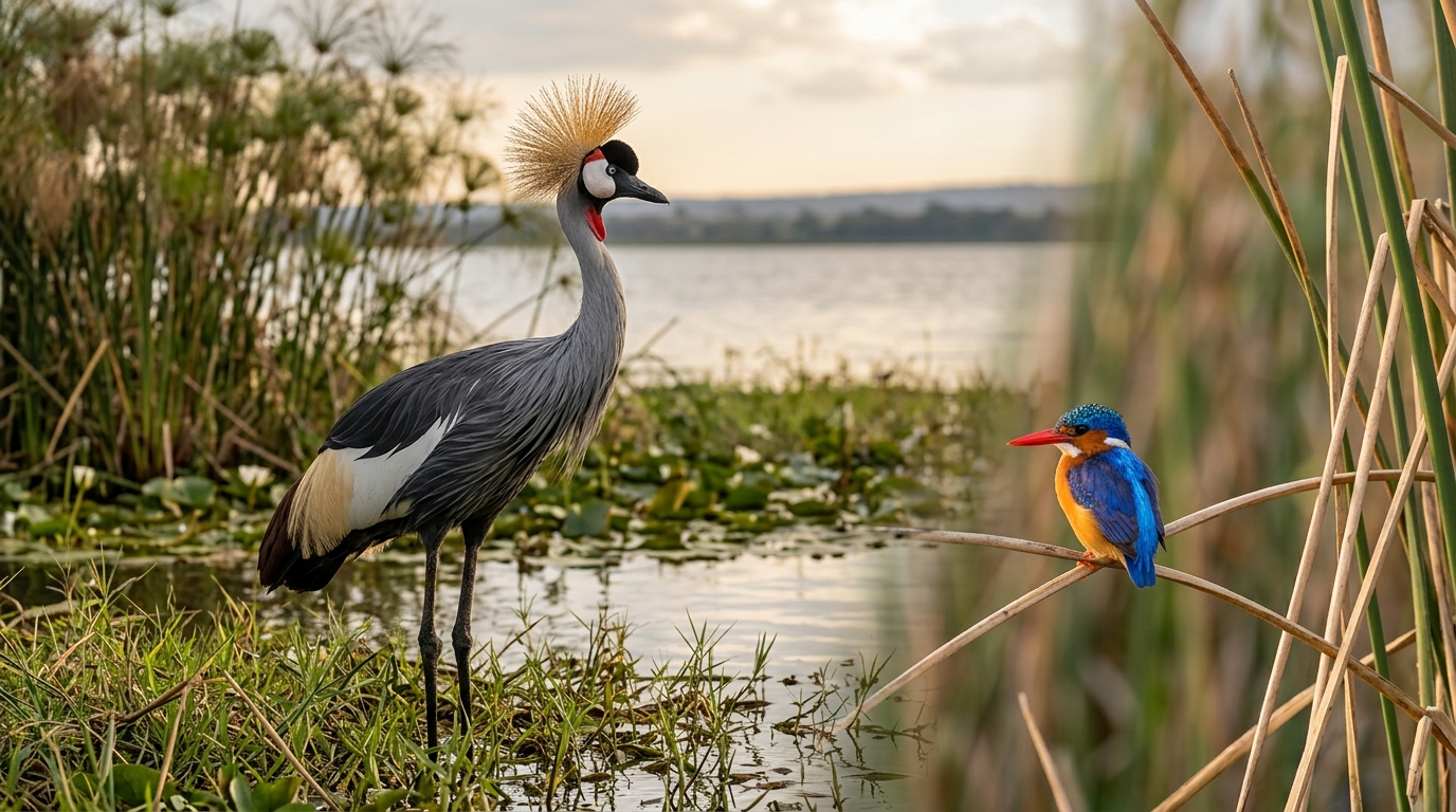 Grey crowned crane or malachite kingfisher at Lake Naivasha Kenya — two of the 400+ bird species recorded at this Important Bird Area