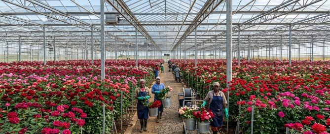 Inside a Naivasha Kenya flower farm greenhouse — long rows of roses grown for export to European supermarkets